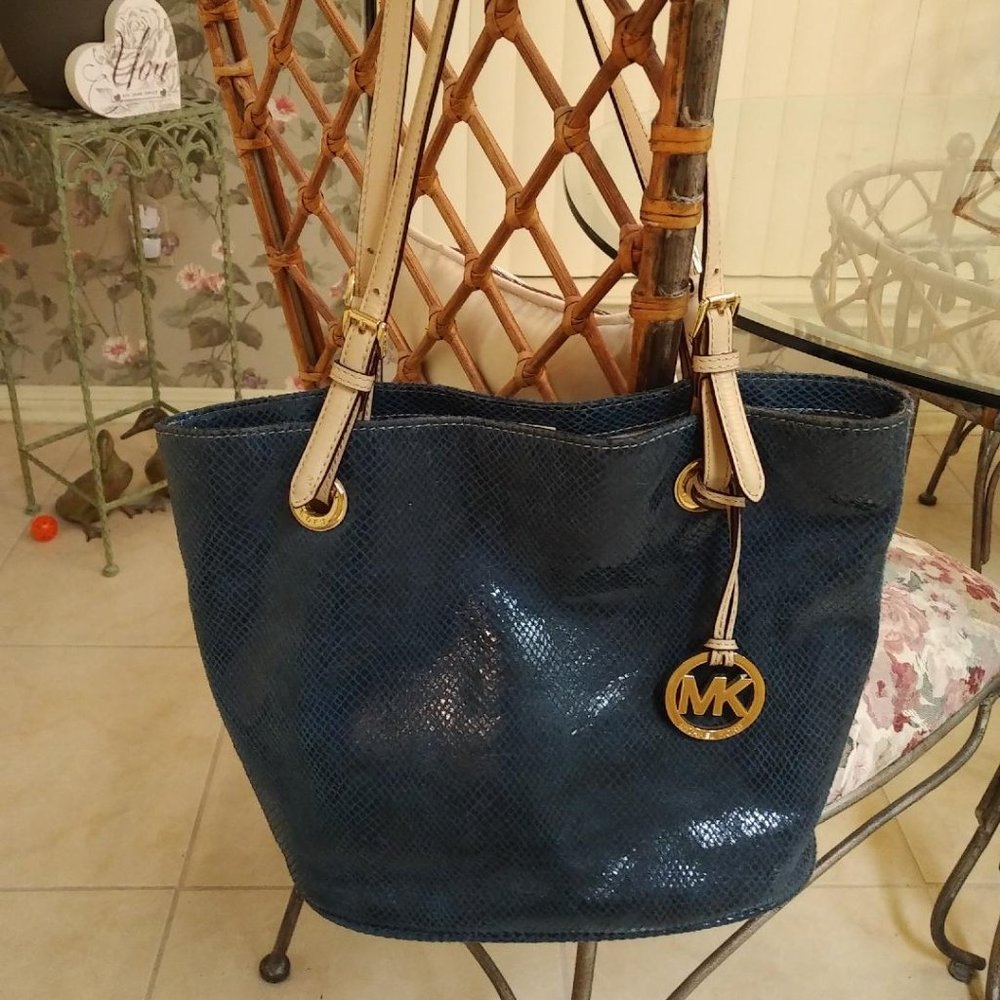 Michael Kors Blue Snakeskin Print Handbag Tote